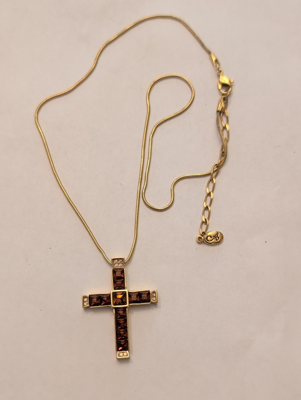 Gold-Tone Cross Pendant Necklace with Brown Crystals - Brand: